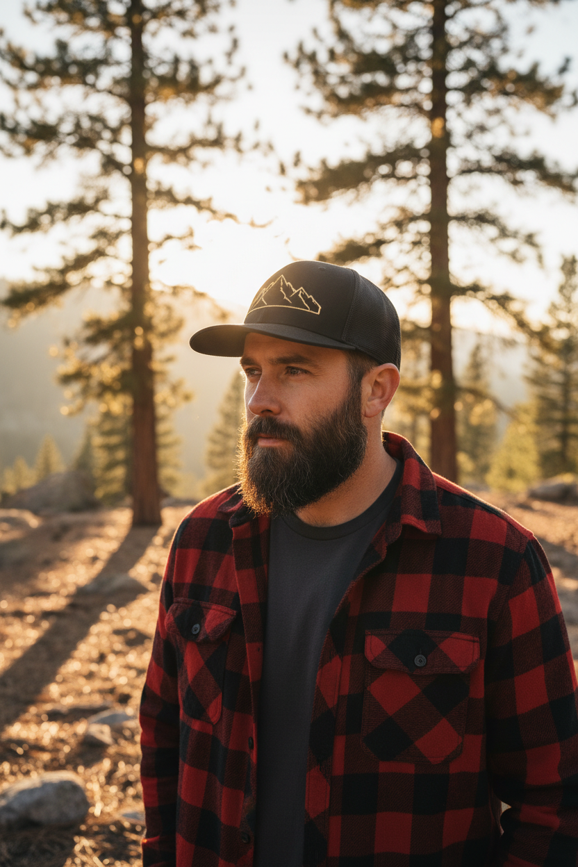 Man wearing black embroidered cap and flannel shirt outdoors near pine trees at golden hour