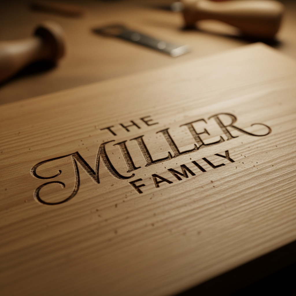 Close-up macro of laser-engraved family name text on oak wood with dramatic side lighting