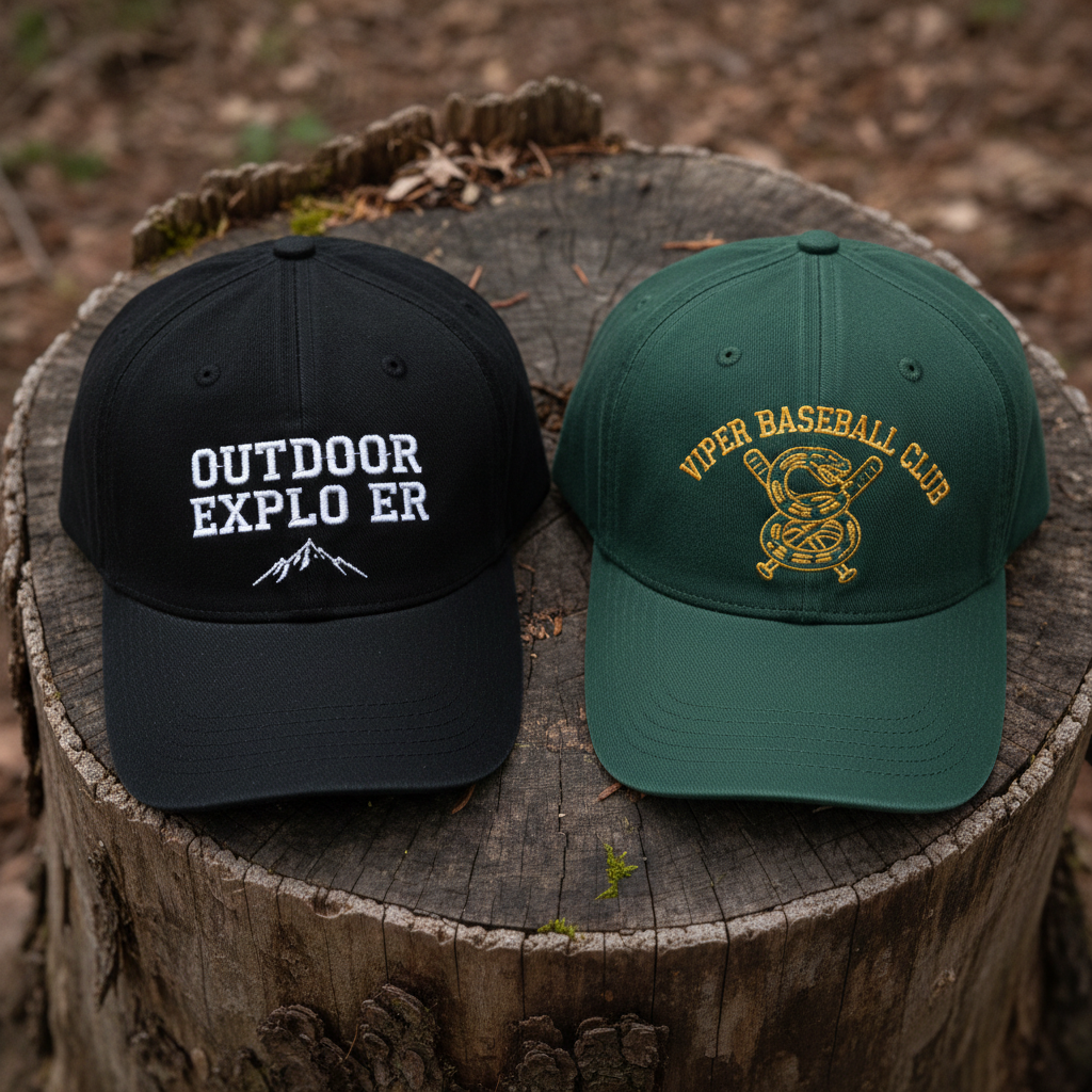 Black and forest green baseball caps stacked on a rustic wooden stump showing embroidery detail
