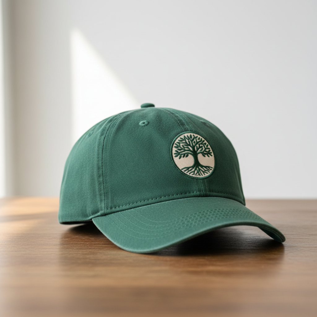 Forest green baseball cap with embroidered tree logo on wooden table with soft natural lighting