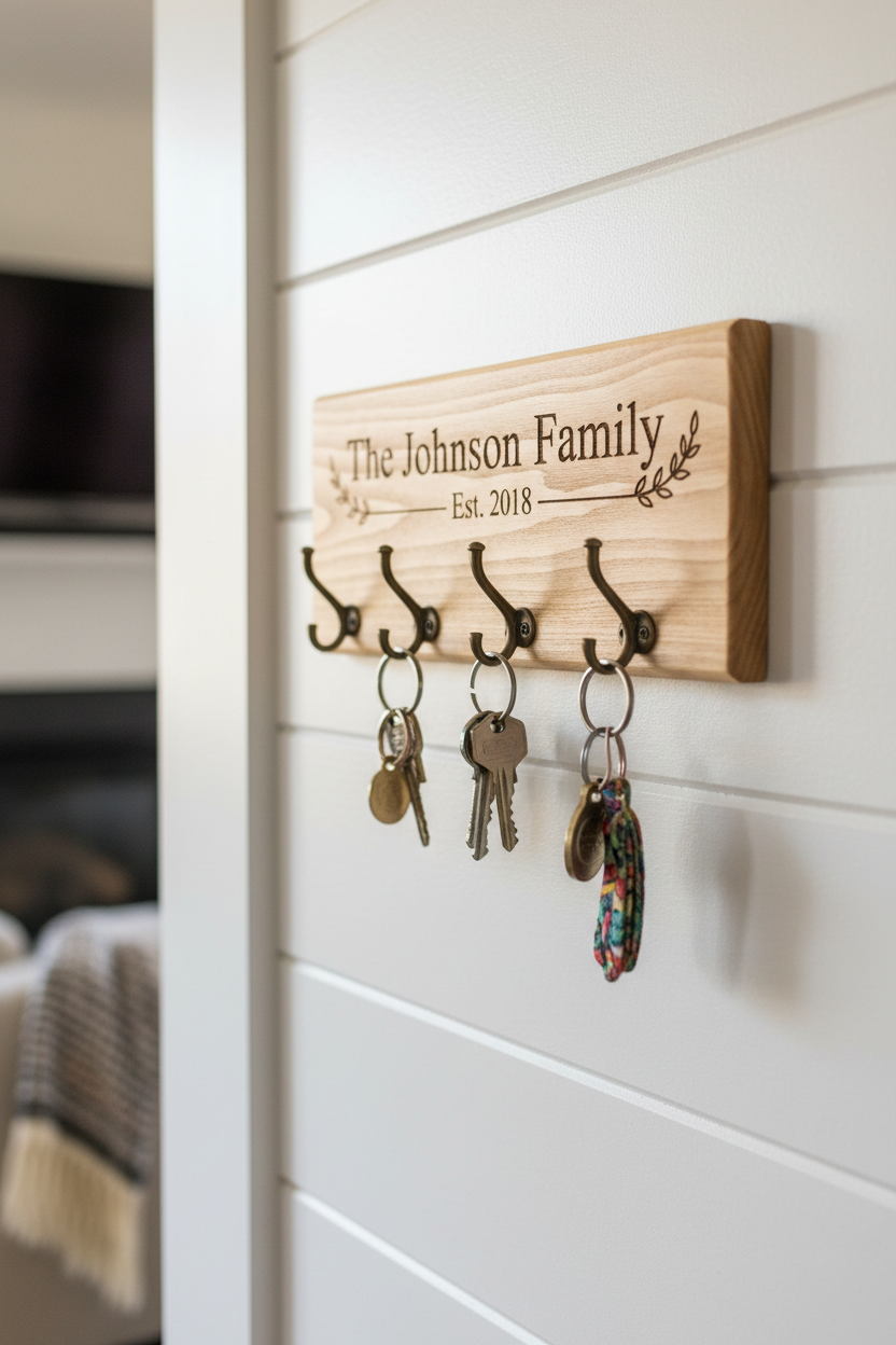 Personalized wood key holder engraved with The Johnson Family Est 2018 with bronze hooks on shiplap wall