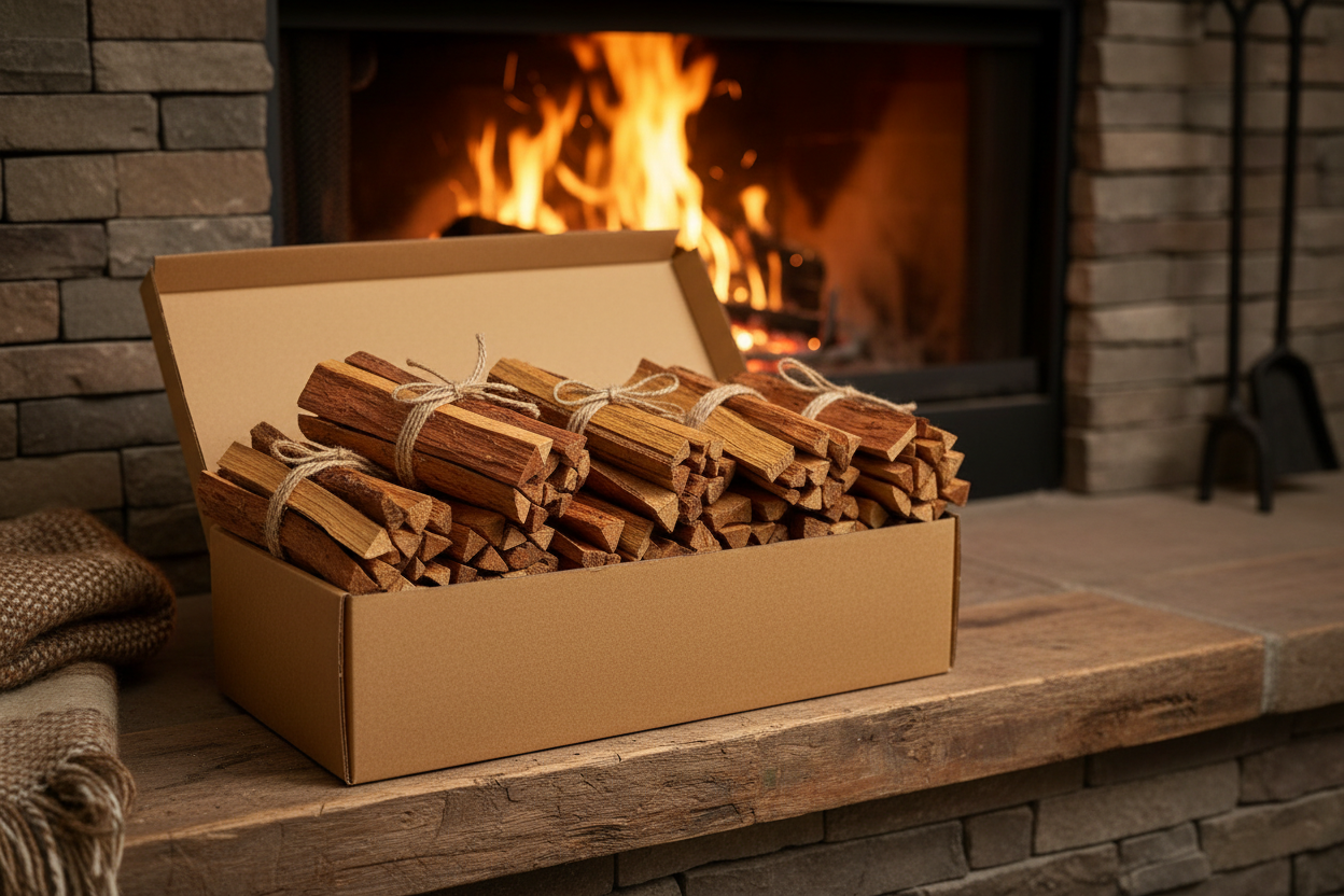 Kraft paper box of fatwood fire starter sticks with rustic stone fireplace in background
