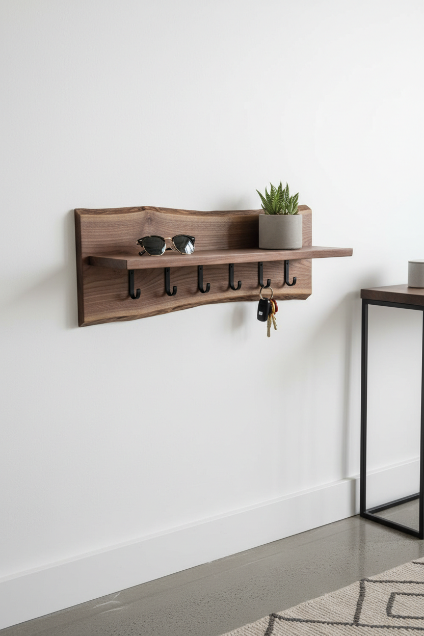 Live edge walnut key holder with floating shelf on white wall with sunglasses and plant on shelf