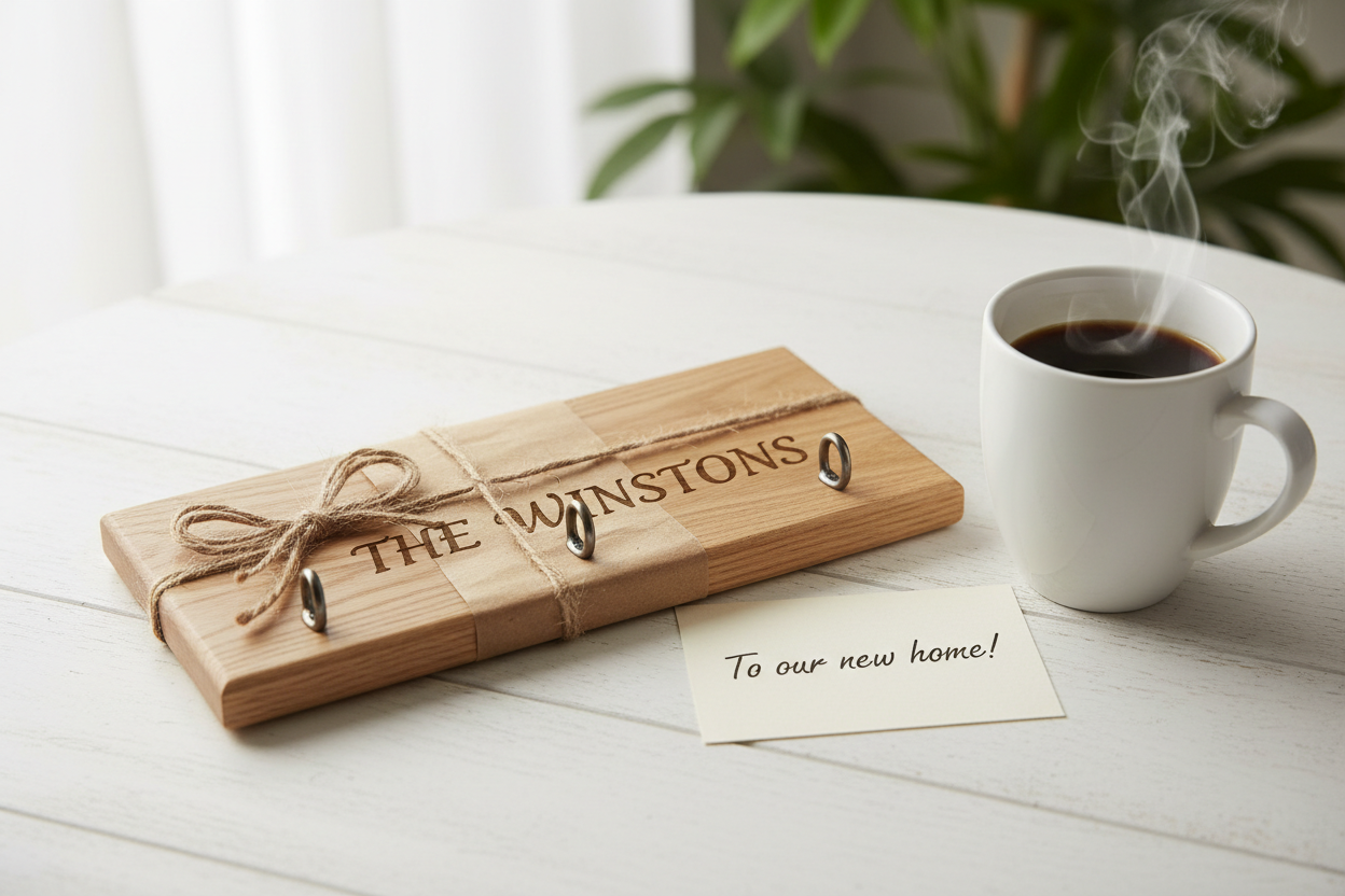 Wood key holder with engraved family name wrapped in kraft paper with twine beside a card and coffee mug