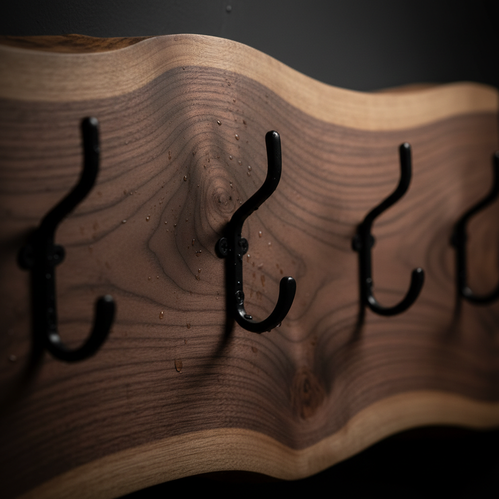 Detail shot of live edge walnut grain with rich brown tones and matte black metal hooks