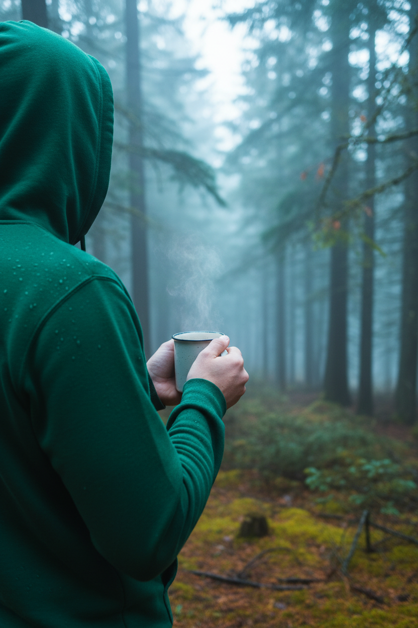 Person wearing forest green hoodie holding coffee mug outdoors near misty forest in morning light