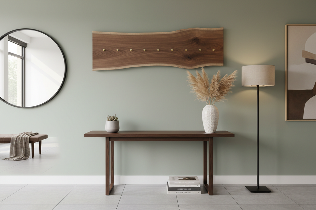 Stylish modern entryway with live edge walnut key holder above console table with pampas grass