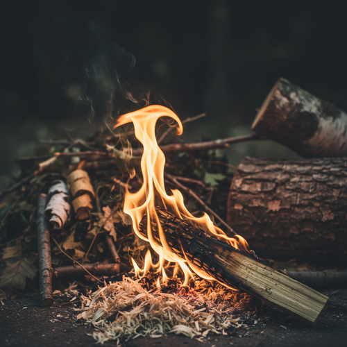 Close-up of a single fatwood stick igniting with yellow flame against dark background