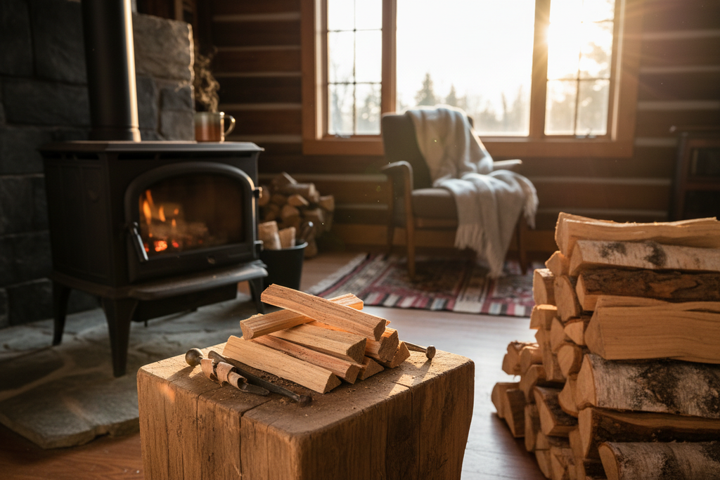 Fatwood fire starters on a chopping block next to a cast iron stove and firewood in cozy cabin
