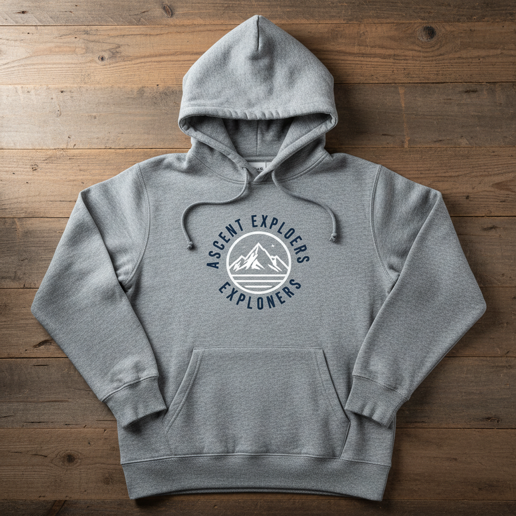 Heather grey pullover hoodie with logo print laid flat on wooden plank background